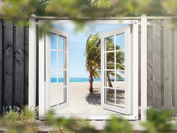 NR 1423: Tuinposter doorkijkje strand palmbomen 180x180cm, Nieuw