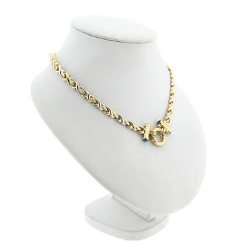 Bicolor gouden fantasieschakel collier met saffier | 44 cm, Gebruikt, Ophalen of Verzenden, Met edelsteen, Goud
