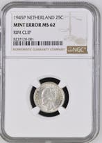 Koningin Wilhelmina 25 cent 1945 Munt error MS62 NGC Ex, Verzenden, Zilver, 25 cent, Koningin Wilhelmina
