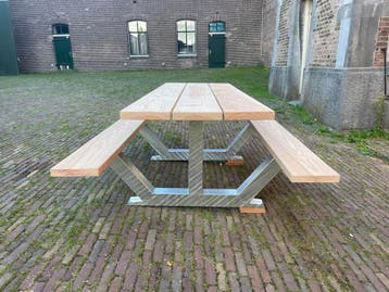 Moderne picknicktafel tuintafel met douglas hout 220cm, Ophalen, Nieuw, Rechthoekig, Staal