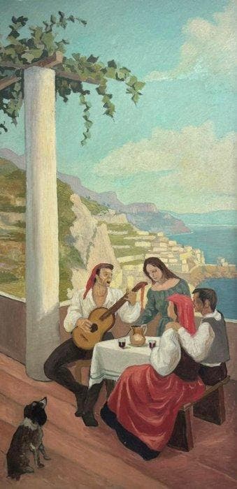 Italiaanse school (XX) - Personaggi in terrazza su costiera