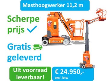 Verticale masthoogwerker, 11.2M werkhoogte, 345° rotatie bak, Ophalen of Verzenden