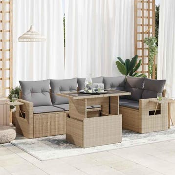 vidaXL 6-delige Loungeset met kussens poly rattan beige, Verzenden, Nieuw, Loungeset