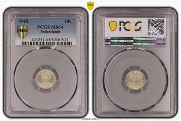 Koningin Wilhelmina 10 cent 1918 MS64 PCGS gecertificeerd, Verzenden, Zilver, 10 cent, Koningin Wilhelmina