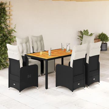 vidaXL 7-delige Bistroset met kussens poly rattan zwart, Verzenden, Nieuw, 6 zitplaatsen
