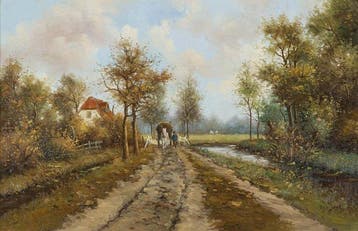 J. v.d. Brink (XIX-XX) - Landweg met paard en wagen
