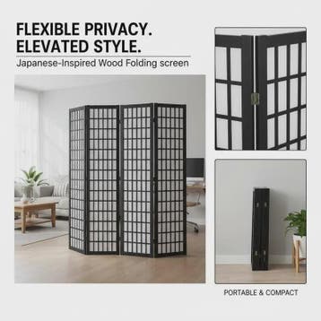 Zwart Houten Kamerscherm met 4 Panel - Japans Design & Ruimt, Verzenden, Nieuw