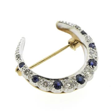 9 karaat broche met saffier en diamant; 0,34 ct., Gebruikt, Overige kleuren, Ophalen of Verzenden, Met edelsteen