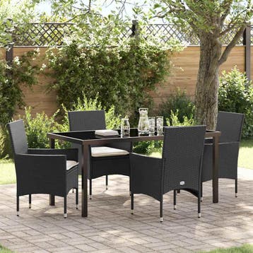 vidaXL Tuin eettafelset met kussen 5 pcs Zwart poly rattan, Verzenden, Nieuw, Rotan, 5 zitplaatsen