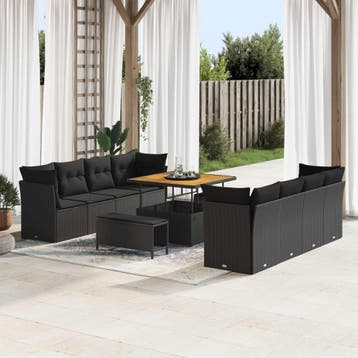 vidaXL Tuinbankenset 11 st Zwart poly rattan, Verzenden, Nieuw, Rotan, Meer dan 8 zitplaatsen