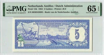 1984 Netherlands Antilles 5 Gulden Pick 15b Pmg Gem Unc 6..., Verzenden
