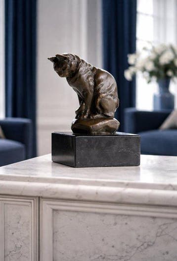Beeld, sitting cat - 12 cm - brons marmer