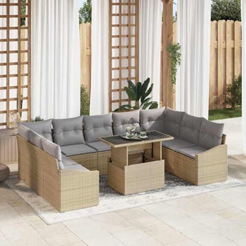 vidaXL Tuin Sofa Set met kussen met opslag 10 pcs Beige en, Verzenden, Nieuw, Rotan, Meer dan 8 zitplaatsen