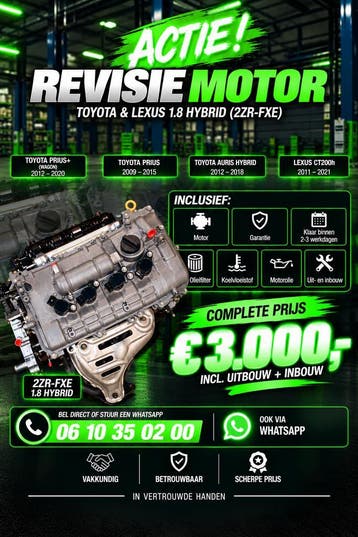 2ZR-FXE REVISIEMOTOR INCLUSIEF UIT-  INBOUW.  €3.000 ALL-IN, Ophalen, Gereviseerd, Toyota