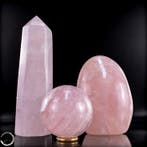 Natuurlijk rozenkwarts-set – Bol, vrijvorm en obelisk in