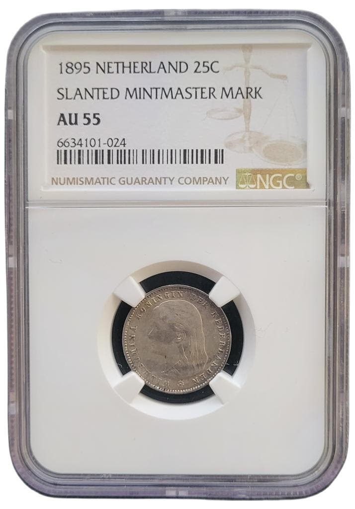 Koningin Wilhelmina 25 cent 1895 Slanted Mintmaster mark, Postzegels en Munten, Munten | Nederland, Losse munt, 25 cent, Koningin Wilhelmina