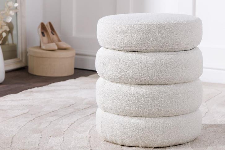 Ronde kruk VOGUE 50cm crèmewit bouclé poef met opbergruimte, Huis en Inrichting, Stoelen, Ophalen of Verzenden