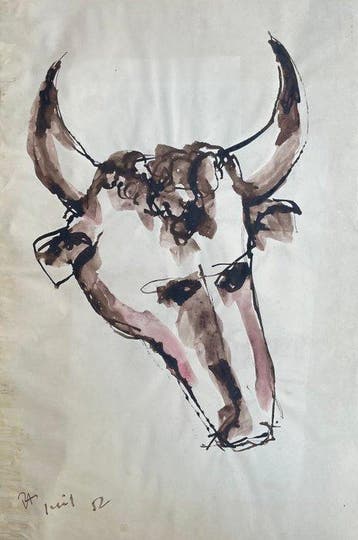 René Allio (1924-1995) - Portrait Tête de taureau Art Brut
