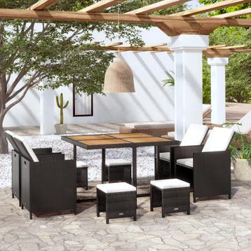 vidaXL 9-delige Tuinset poly rattan en acaciahout zwart, Verzenden, Nieuw, 8 zitplaatsen, Tuinset