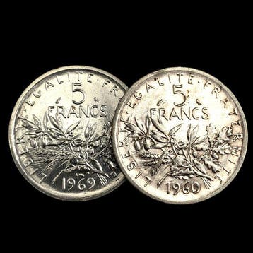 Frankrijk. Silver 2x 5 Francs (Semeuse) Coins 1960/1969
