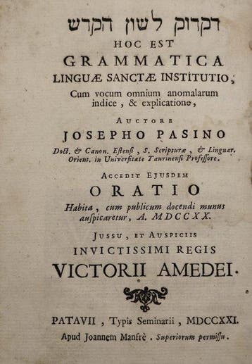 Josepho Pasino - Grammatica della Lingua Ebraica - 1721