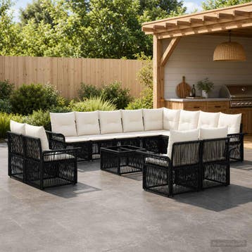 vidaXL Tuinbankenset 13 pcs Zwart en Cream Wit poly rattan, Verzenden, Nieuw, 3 zitplaatsen