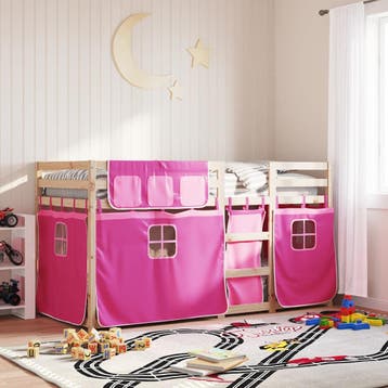 vidaXL Stapelbed met gordijnen 90x200 cm grenenhout roze, 90 cm, Eenpersoons, Verzenden, Nieuw