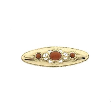 Antiek gouden broche met bloedkoraal, Gebruikt, Overige kleuren, Ophalen of Verzenden, Met edelsteen
