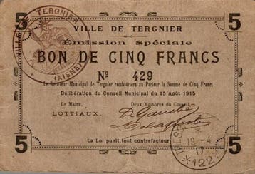 5 Francs France Komitat 02700 – Tergnier – 5-franc-gutsc, Postzegels en Munten, Munten | Nederland, Verzenden