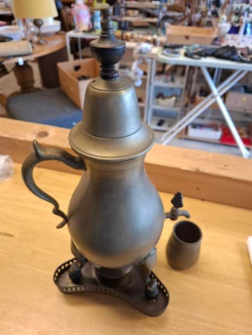 Antieke kraantjespot met brander en lekbakje, zuiver tin, Ophalen of Verzenden