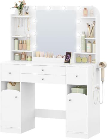 Hzuaneri Make-uptafel met ledverlichting, met stekker en föh, Verzenden, Zo goed als nieuw