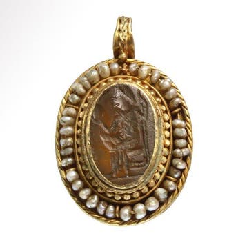 Oud-Romeins Goud, Kornalijn, parelmoer Hanger met intaglio