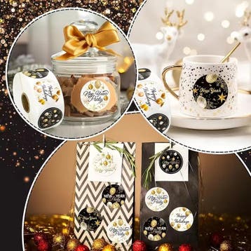 Sluitstickers etiketten happy new year goud & zwart rond, Ophalen of Verzenden, Nieuw