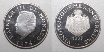 Monaco 100 Francs 1974 Rainier Iii 25 Jahre Regierungszeit, Postzegels en Munten, Verzenden