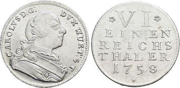 1/6 taler, daalder (oorlogsgeld) 1758 Wuerttemberg Karl E..., Verzenden