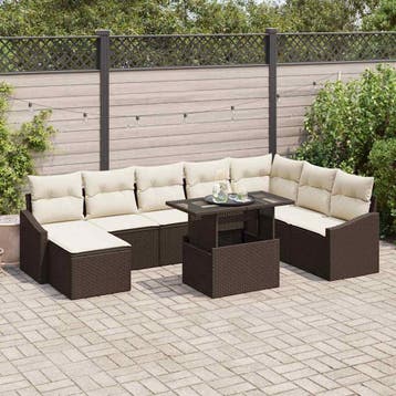 vidaXL Bankstel 9 st Bruin en Crème poly rattan, Tuin en Terras, Tuinsets en Loungesets, Verzenden, Nieuw, Rotan, Meer dan 8 zitplaatsen