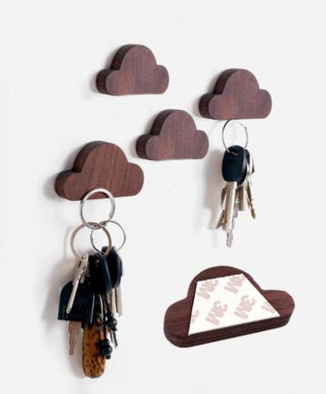 Set van 4 houten sleutelhouders (wolkje, magnetisch, notenh, Ophalen of Verzenden, Nieuw