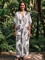 Boho rayon kaftan jurk - Wit Zwart Palm Chains, Ophalen of Verzenden, Nieuw