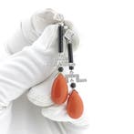 Witgouden oorstekers met onyx, bloedkoraal en diamant 0,1..., Sieraden, Tassen en Uiterlijk, Oorbellen, Gebruikt, Overige kleuren