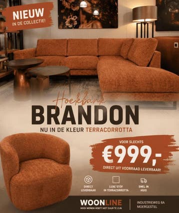 Hoekbank Brandon cremona terracotta | ACTIE!, Huis en Inrichting, Ophalen of Verzenden, Nieuw, Overige materialen, Trendy en modern