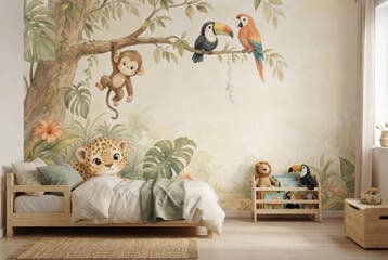 Jungle behang kinderkamer – aap en luipaard fotobehang, Verzenden, Fotobehang