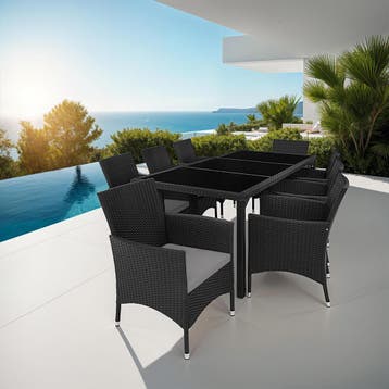 Wicker zitgroep 8+1 met beschermhoes - zwart / grijs, Verzenden, Nieuw