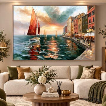 Lea Ottavi - Golden Harbor Sunset · XXL · Hand signed, Antiek en Kunst