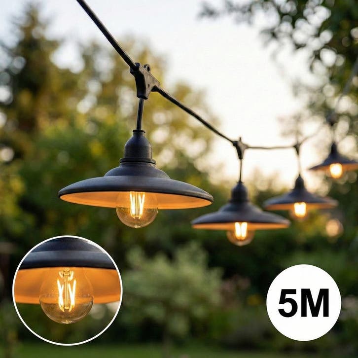 Complete Prikkabel met 5x lampenkappen | 5 Meter, Tuin en Terras, Buitenverlichting, Hanglamp, Nieuw, 50 tot 250 watt, Ophalen of Verzenden