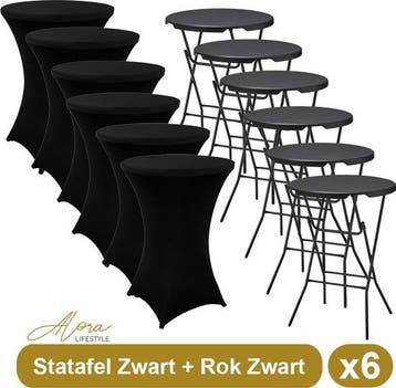6x Zwarte Statafel + 6x Zwarte Statafelrok – Diameter 80 CM, Nieuw