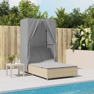 vidaXL Ligbed tweepersoons met dak en gordijn poly rattan, Tuin en Terras, Verzenden, Nieuw