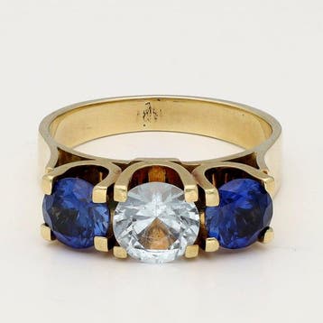 Ring - 14 karaat Geel goud - 3.54ct. tw. Saffier - Topaas, Sieraden, Tassen en Uiterlijk, Nieuw