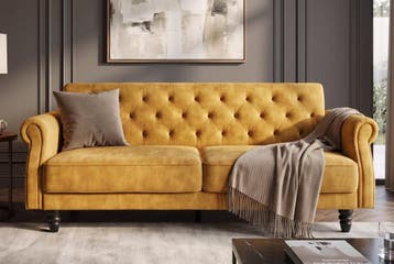 Slaapbank MAISON BELLE AFFAIRE 220cm fluweel mosterdgeel -, Ophalen of Verzenden, Nieuw