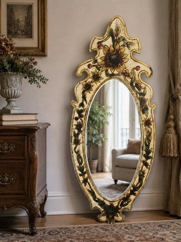 Spiegel - Hout - Wandspiegel met bloemmotieven