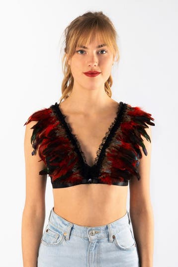 KIMU® Top met Veren Rood Bruin XS S M Verentop Steampunk Top, Ophalen of Verzenden, Nieuw, Carnaval, Kleding
